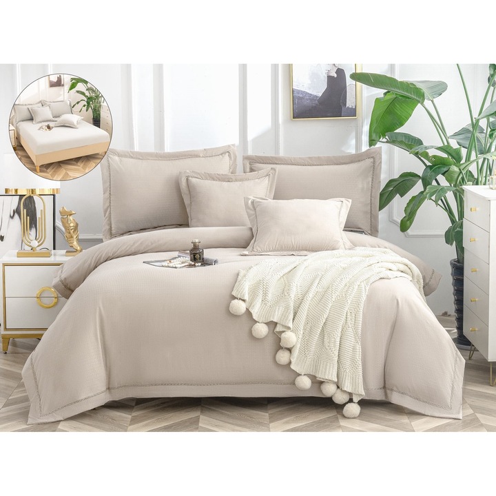 Set Lenjerie CHIRASO, Eleganta de Lux, Bumbac fin, 6 piese, Cearceaf de pat cu elastic 180x200 cm, Cearceaf pilota 200x230 cm, 2 fete de perna 50x75 cm, 2 fete de perna 60x60 cm, cutie cadou, UNI, bej