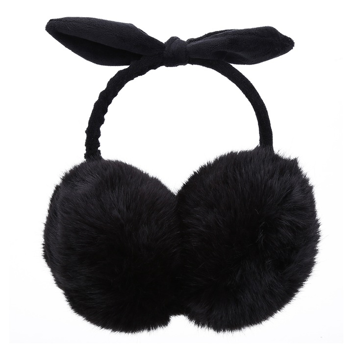 Bolyhos téli fülmelegítő levehető masnival, fekete, egy méret