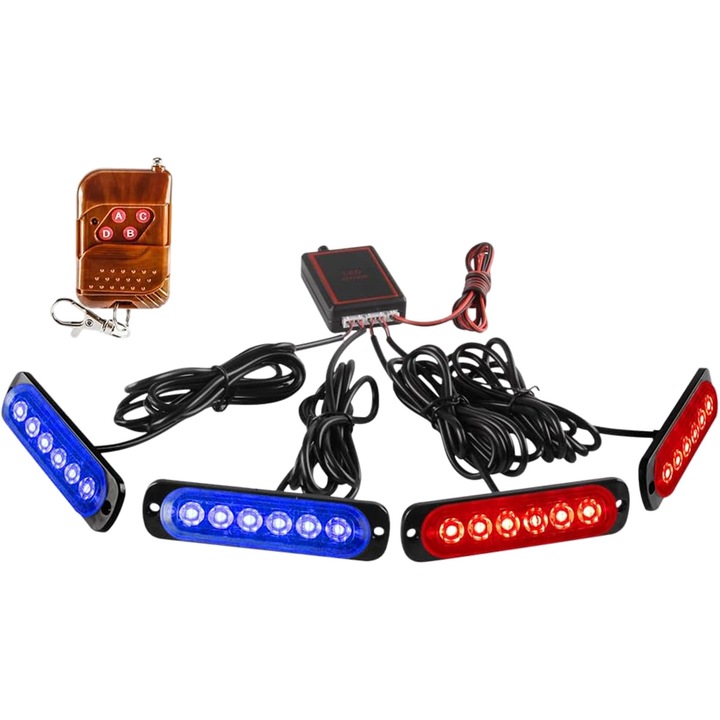 LED-es vészvillogó lámpák távirányítóval, piros és kék 4 az 1-ben 24 LED-es figyelmeztető rács villogó lámpa építkezéshez, vízálló 12V