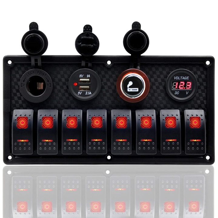 Panou de comutare marin cu 8 ganguri, 12V, cu 3.1A USB, voltmetru, protectie IP66, set complet, negru