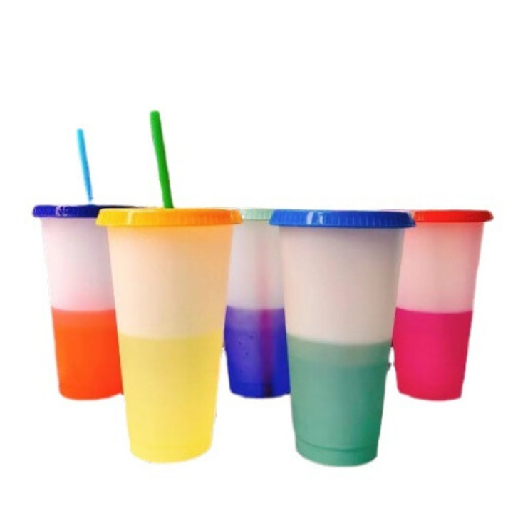 Műanyag pohár tetővel és szívószállal, 16 oz, nagy kapacitású, színváltós kialakítású, többszínű