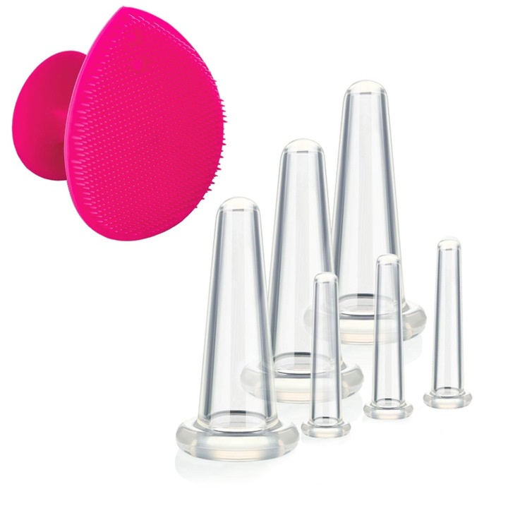 Set cupe de masaj facial Cozevdnt, 3pcs No.3 (37x80mm), 3pcs No.4 (15x50mm), transparent, cu perie exfolianta
