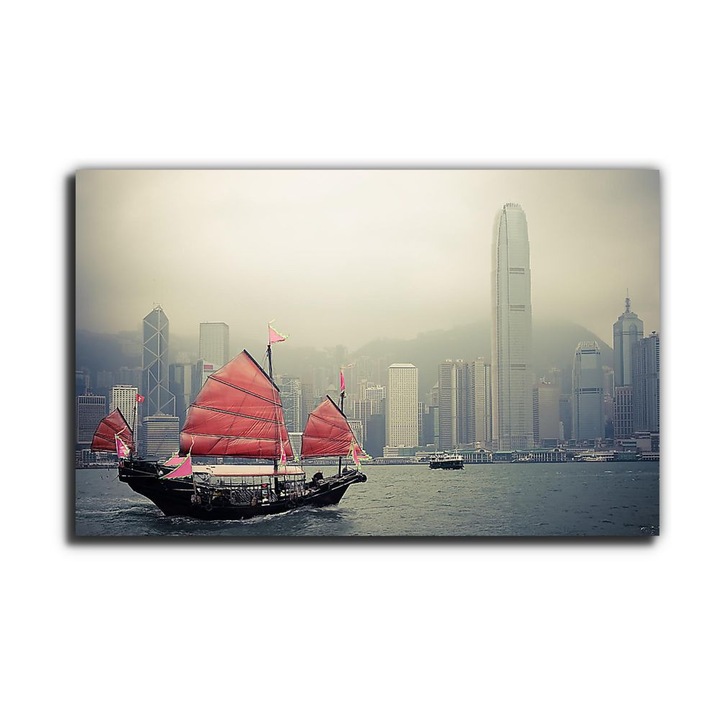 Kínai vitorlás és a ködös Hongkong, vászonkép, 100x65