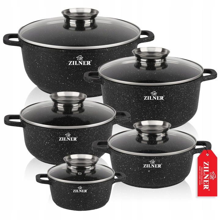 5 db-os edény készlet, Zilner, Márvány, 10 db, Karcálló, 1,3 / 2,3 / 3,2 / 4,5 / 5,6 L, Fekete