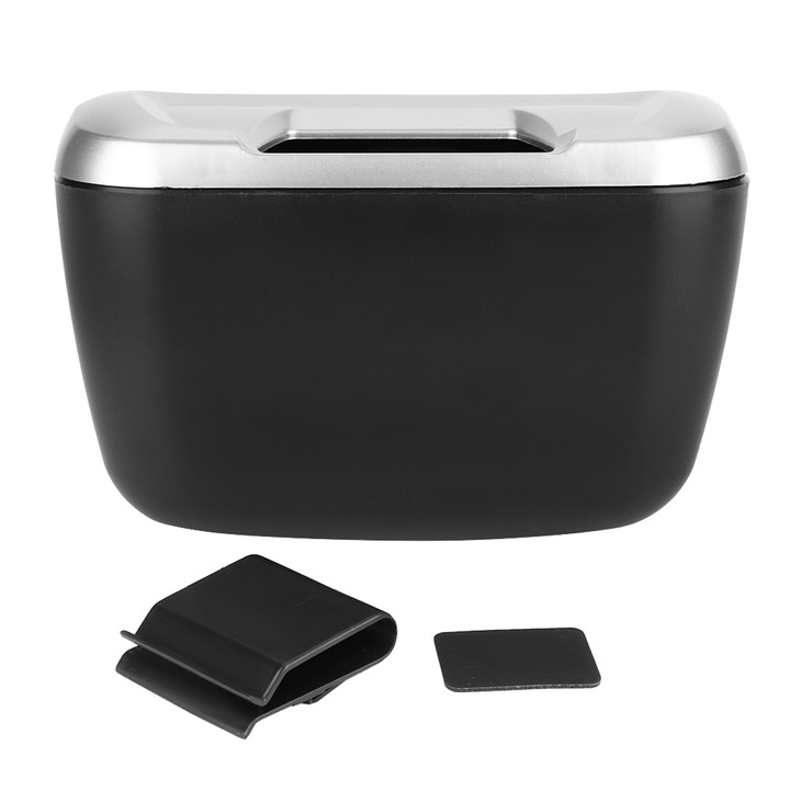 Cos de gunoi auto, argintiu/negru, 18x12x6cm, cu clips si banda dublu adeziva