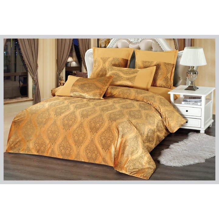 Set Lenjerie CHIRASO Eleganta Catifea Satinata, pentru pat dublu, 6 piese, Cearceaf de pat 230x250 cm, Husa pilota 200x230 cm, 2 fete de perna 70x70 cm, 2 fete de perna 55x80 cm, in cutie cadou, UNI, galben inchis
