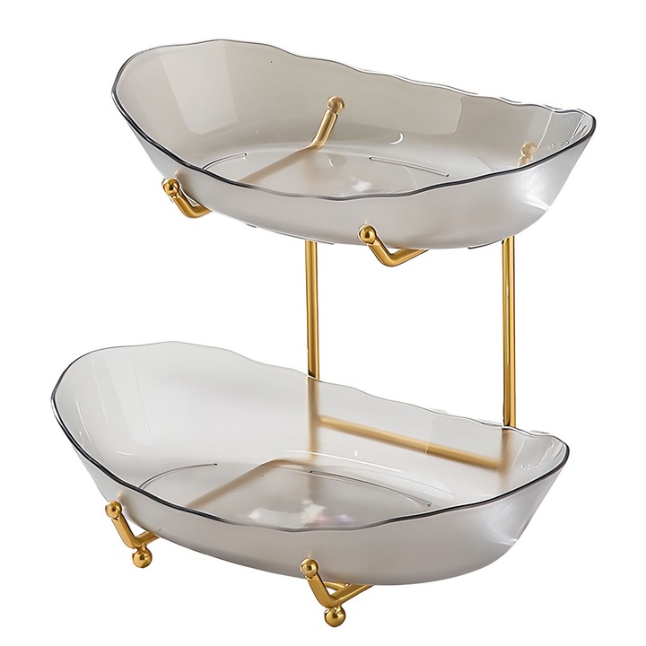 Bol de fructe Cozevdnt, acril, 2 etaje, metal, design nordic, auriu/gri, 30 x 45 cm