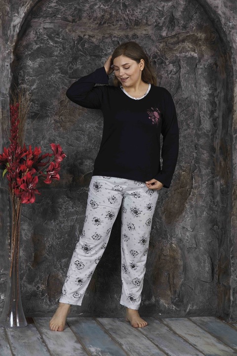 Női pizsama, hosszú ujjú, rózsa, pamut, fekete, Fekete