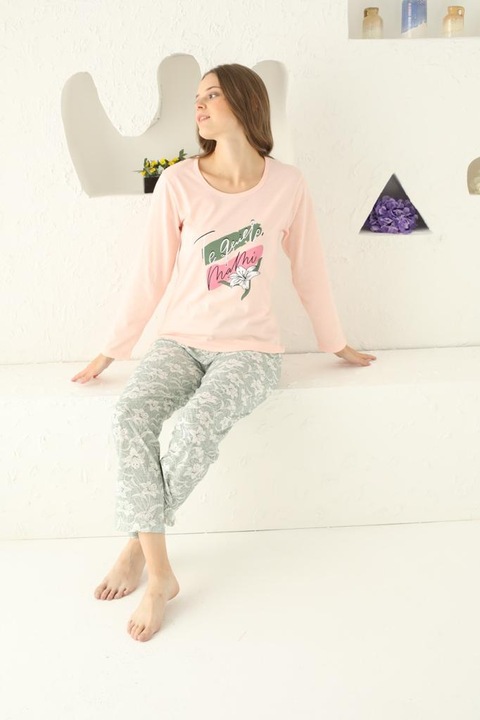 Női pizsama, hosszú, Te quiero, pamut, rózsaszín/zöld, Rózsaszín, XL