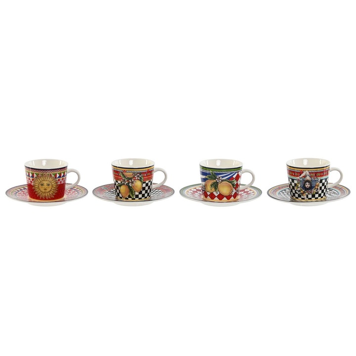 Set de Cani cu Farfurii Home ESPRIT, Galben/Rosu, Portelan, 12.5x12.5x1.5cm, set 4 bucati