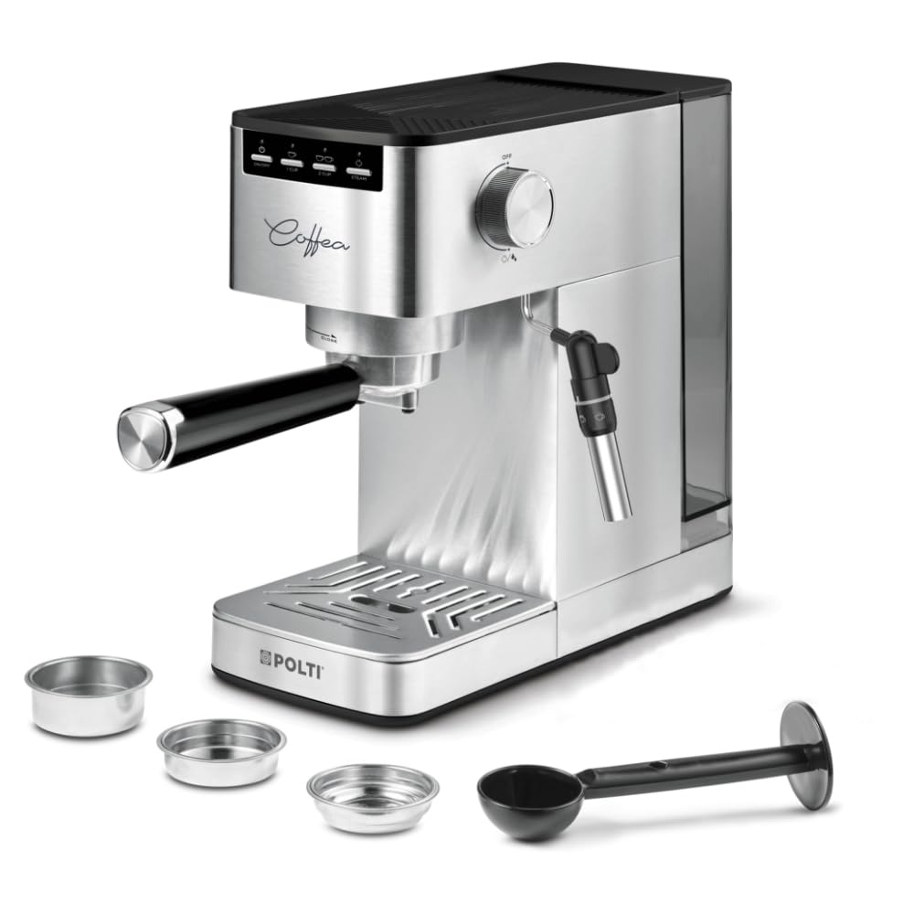 Polti Coffea P10S espressor de cafea pentru espresso si cappuccino, compatibila cu cafea macinata si capsule E.S.E. de 44 mm, Steamymilk pentru spumarea laptelui, rezervor detasabil de 1,3 l, 1450 W