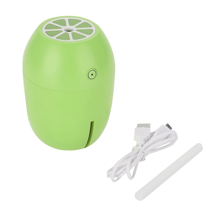 Hordozható USB párásító, lime dizájnnal, éjszakai fény funkcióval, zöld, 4 órás kikapcsolás elleni védelemmel