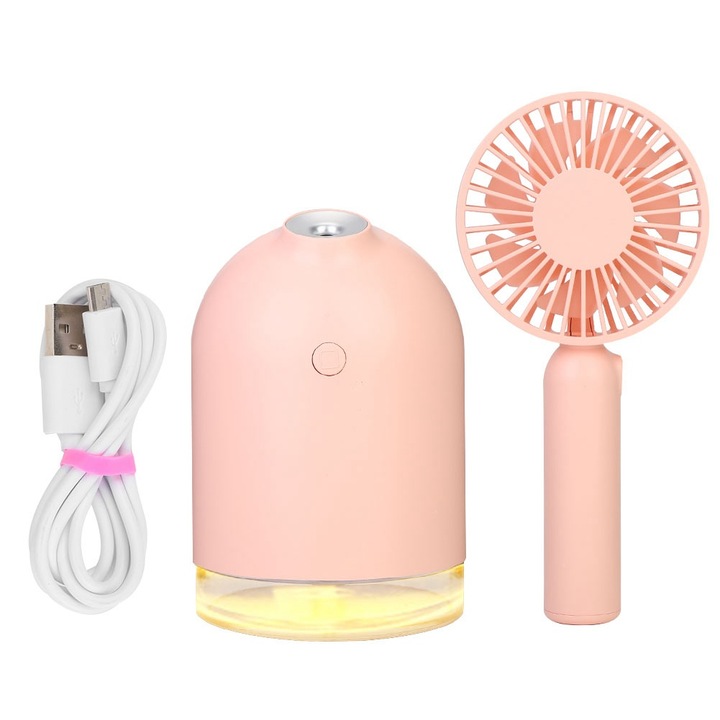 Hordozható légpárásító, longziming, 300ml, rózsaszín, levehető ventilátorral és éjszakai fénnyel