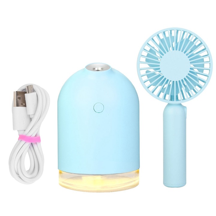 Hordozható párásító, longziming, 300 ml űrtartalom, kis ventilátor, éjszakai fény, kék