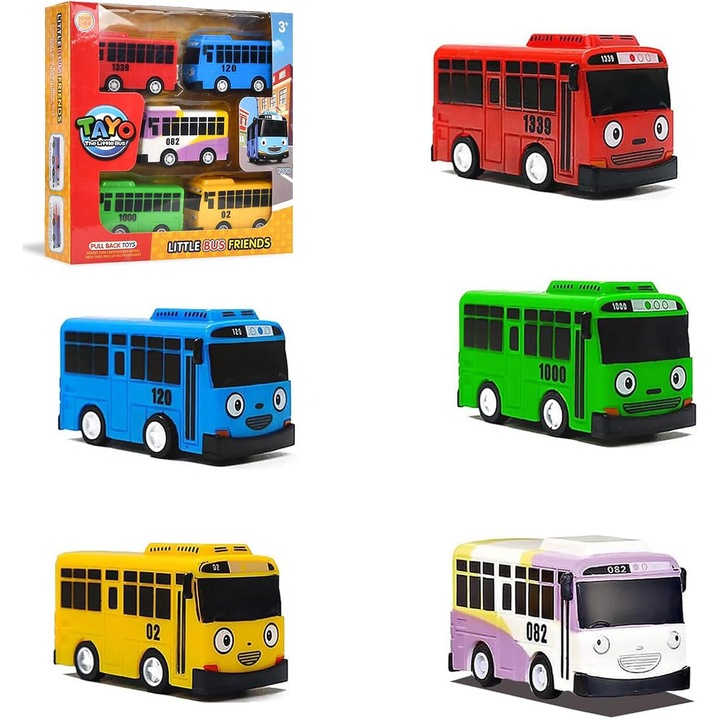Autobuz Jucarie cu Cutie, 5 Bucati Autobuze Scolare din Die-Cast cu Functie Pull-Back, Jucarii Autobuz, Scara 1:64 - Modele de Autobuze cu Functie Pull-Back, Cadouri pentru Copii