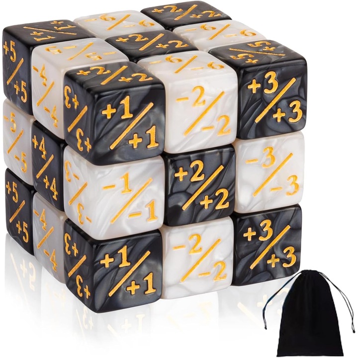 24 Darabos Kocka Számláló, Magic: The Gathering (MTG) Kocka Tárolózsákkal – Táblajátékokhoz, Partikhoz és Családi Összejövetelekhez Tervezett Számlálókocka Készlet Fekete-Fehér Színben