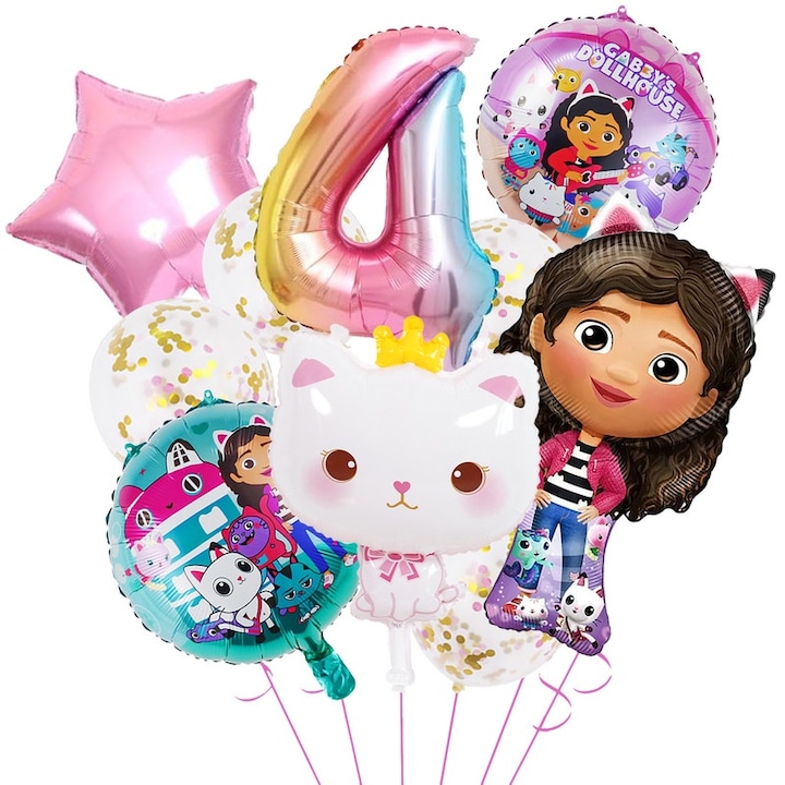 Baloane Gabby Decor pentru Ziua de Nastere Fetelor, 10 bucati Baloane Gabby Dollhouse pentru Copii, Decor Ziua de Nastere, Baloane din Folie, Baloane de Aniversare pentru Fete de 4 Ani, Accesorii si Materiale pentru Petreceri de Ziua Copiilor