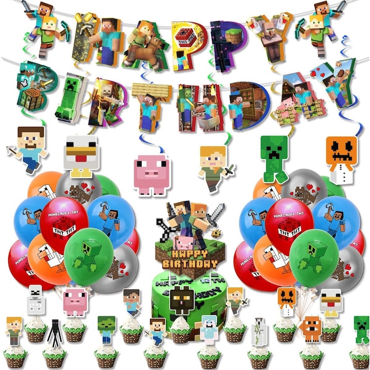 Set decoratiuni petrecere Minecraft, Decoratiuni Zile de Nastere Baieti si Fete, Decoratiuni Party Minecraft, Set Tematica Joc TNT Miner Include Banner 'La Multi Ani', Baloane, Accesorii Tort pentru Varstele de 4, 5, 6, 7, 8, 9, 10 Ani