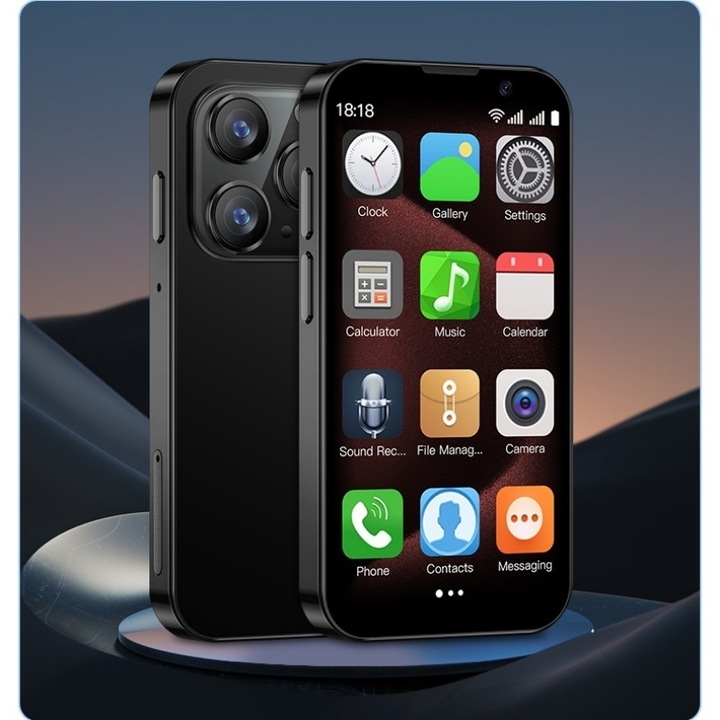 Rainbuvvy Mini XS18 Pro mobiltelefon, 3,0", 2 GB RAM, 16 GB ROM, Android 9.0, Dual SIM, 3G, fekete