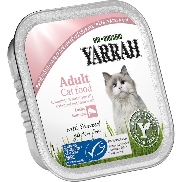 Mancare organica pentru pisici Yarrah Pate, Somon cu ierburi marine si Omega 3&6, 100 g
