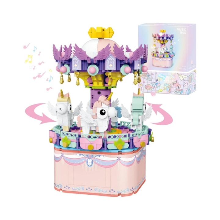 Jucarie de constructie tip cutie muzicala, carusel, design flexibil, jucarii educationale de Craciun si cadouri de ziua de nastere pentru baieti si fete 6+, relaxare creativa si concentrare, cadou perfect pentru copii si adulti, 874 de piese, Multicolor