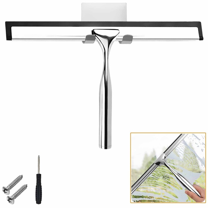 Уред за почистване на прозорци, SINBINTA, Неръждаема стомана, Със залепващи куки, За многократна употреба, Устойчив на ръжда, Ергономичен, Силикон/Метал, 25,8х17,3 см, Сребрист