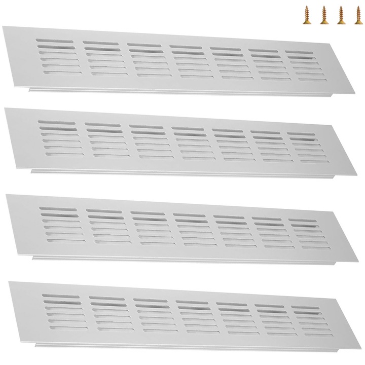 Set 4 grile de ventilatie, SINBINTA, Rectangulara, Rezistent la umiditate si umiditate, Rezistente la Coroziune, Usor de Instalatat, Pentru dulapuri, dulapuri de pantofi, baie, bucatarie, Aliaj de aluminiu, 80*300mm, Argintiu
