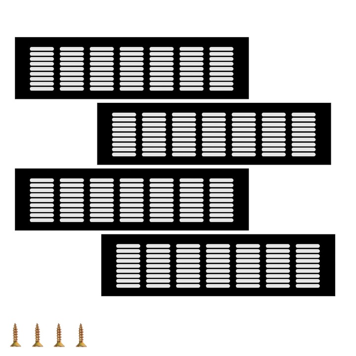Set 4 grile de ventilatie, SINBINTA, Rectangulara, Rezistent la umiditate si umiditate, Rezistente la Coroziune, Usor de Instalatat, Pentru dulapuri, dulapuri de pantofi, baie, bucatarie, Aliaj de aluminiu, 80*300mm, Negru
