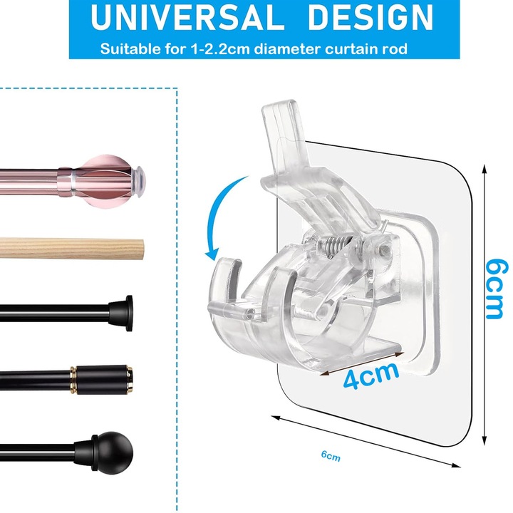Комплект от 10 държача за корнизи, SINBINTA, Без нужда от пробиване на дупки, Здраво залепване, Лесен за инсталиране, Поддържано тегло 2,5 кг, За всекидневна, кухня и офис, Пластмаса, 6*6*4 см, Прозрачен
