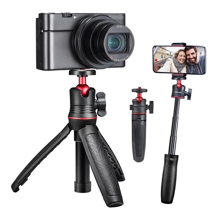 Minitrepied 3-in-1, suport pentru smartphone-uri si camere, extensie 27cm, greutate maxima 500g, negru