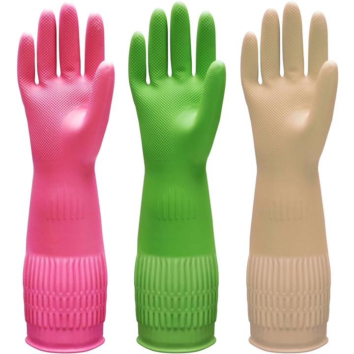 3 db-os háztartási kesztyű készlet, SINBINTA, L-es méretű, rugalmas szalag kialakítás, csúszásmentes, vízálló és szennyeződéstaszító, konyhai, autómosó, belső és külső tisztításra alkalmas, Latex/gumi, sárga/rózsaszín/zöld