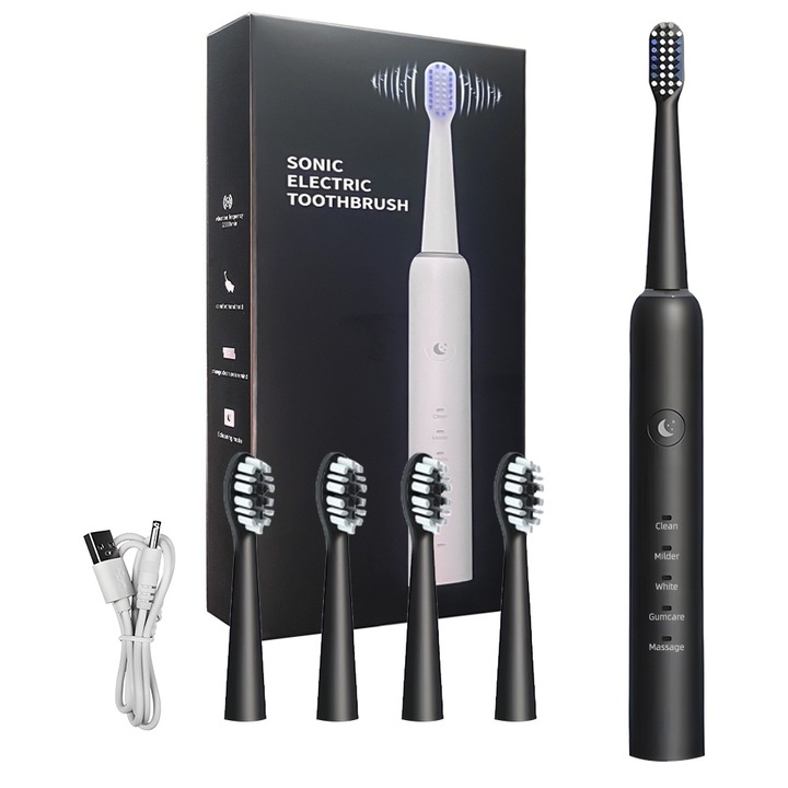 Elektromos fogkefe, 25 000 VPM, 5 üzemmód, 2 kefefej, fekete