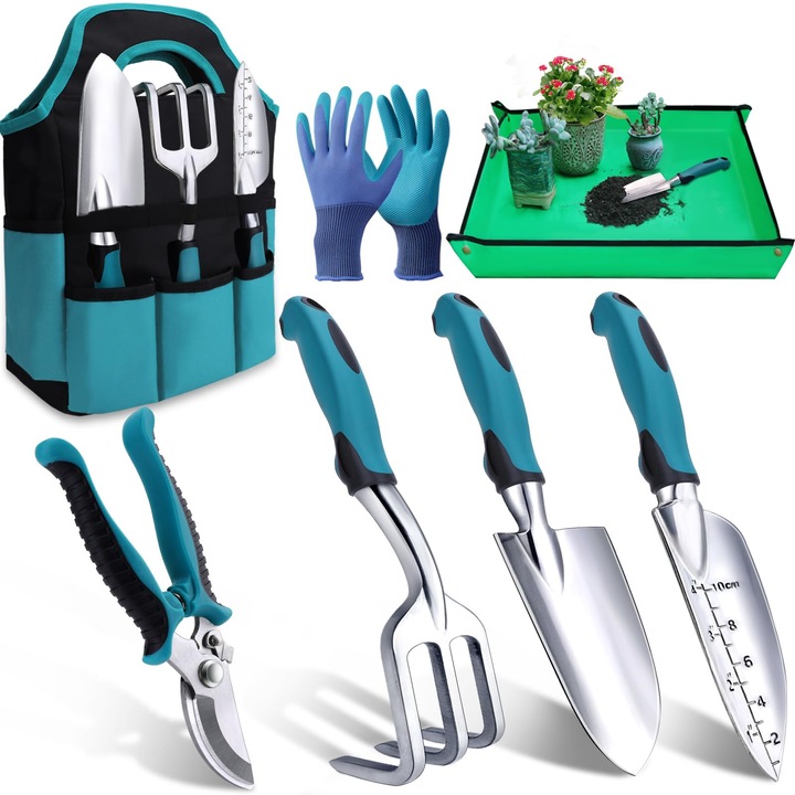 Set unelte de gradinarit 7 piese, PHIKER, otel inoxidabil rezistent la rugina, maner ergonomic