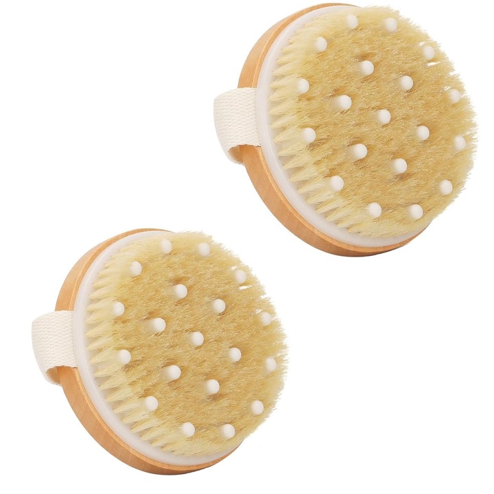 Масажна четка, Hggzeg, комплект от 2 четки за баня, кръгла, с гумени възли, почиства кожата, ежедневна грижа за тялото, раздвижва кръвта, ексфолиране, масаж на тяло, мокра и суха, приятна на допир, четина от дърво/глиган, 11 x 3 см, тъмнокафява