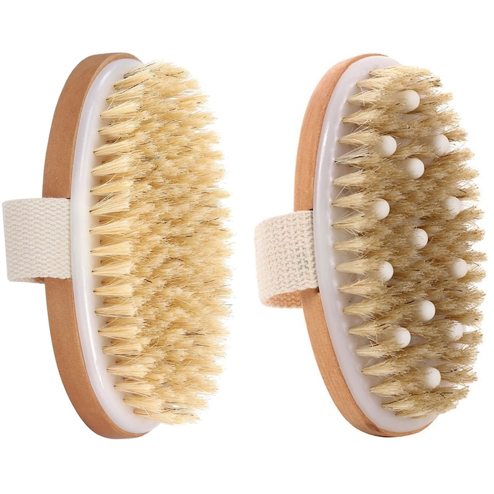 Масажна четка, Hggzeg, комплект от 2 четки за баня, овална, с гумени възли, почиства кожата, ежедневна грижа за тялото, раздвижва кръвта, ексфолиране, масаж на тяло, мокра и суха, приятна на допир, четина от дърво/глиган, 11 x 3 см, кафява