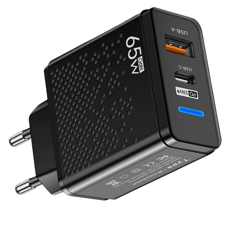 65 W-os USB-C töltő, kétportos, kompakt kivitel, fekete