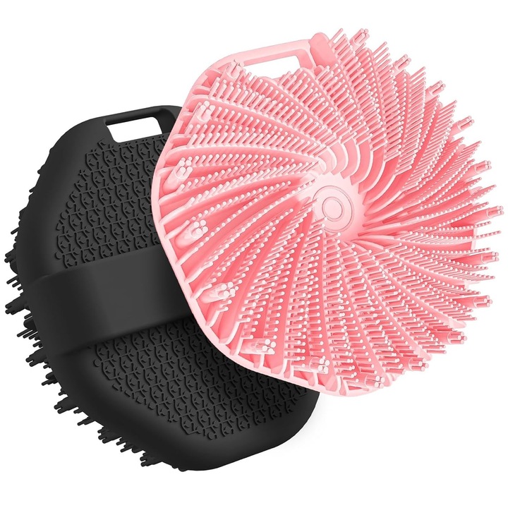 Szilikon fürdőszivacs, Hggzeg, 2 db-os szilikon testkefe készlet, testbőr mélytisztítása, ergonomikus kialakítás, csúszásmentes, antimikrobiális, gyengéd hámlasztás, tisztításhoz, hámlasztáshoz és testmasszázshoz, 120 x 35 mm, fekete/rózsaszín