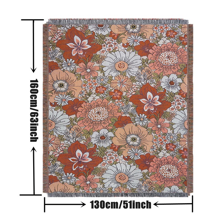 Orange Flowers Boho takaró vastag fonalból szőtt rojtokkal 130x160cm-Gépben mosható, Nem fakul, Használható: belső dekorációhoz, kanapéhoz, székekhez, ágyhoz, tapétához, terítőhöz, padlóhoz, kerthez, piknikhez és kempingezéshez