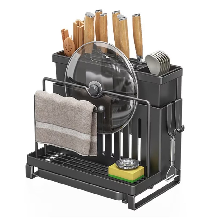 Suport ustensile bucatarie, Hggzeg, Suport tacamur, Organizator tacamuri, Uscator tacamuri, Organizare versatila, Capacitate mare, Usor de curatat, Design ergonomic, Durabil, Otel carbon, 20cmx16cmx23.5cm, Negru