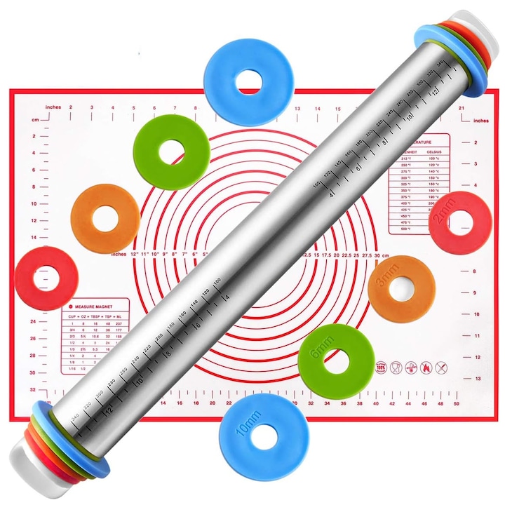 Set sucitor ajustabil, SINBINTA, Cu 4 seturi de inele de marimi si culori diferite si plansa gradata rosu pentru aluat, Suprafata non-stick, Usor de curatat, Pentru Pizza, placinta, produse de patiserie, Inox/Silicon, 44*6.5cm/60*40cm, Argintiu/Rosu