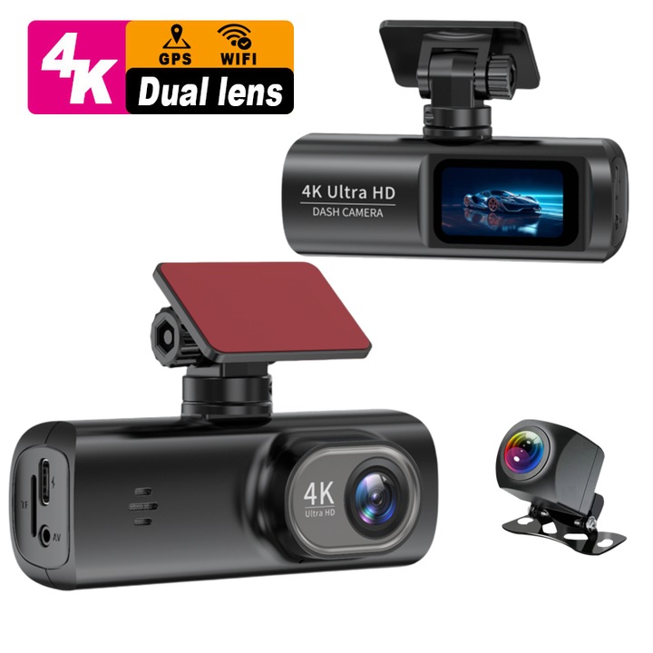DVR камера за автомобил 4K 3840*2160P, 2.4GWiFi, цикличен запис, нощно виждане, G-сензор, 170° ъгъл на заснемане, двойно предно и обратно записване, 24-часово наблюдение на паркинга, V22