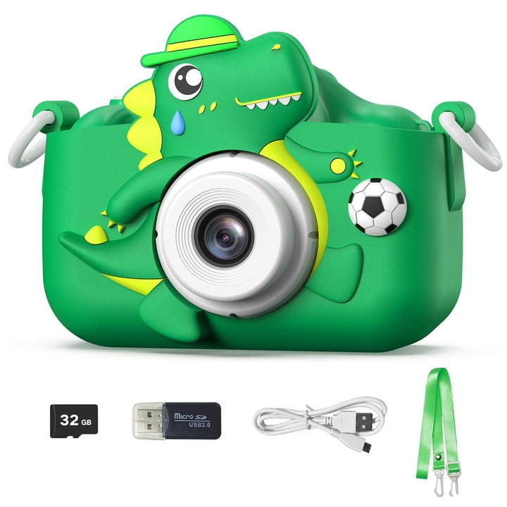 Digitális fényképezőgép gyerekeknek, HEILU, 3 játék, 600 mAh, 2,0 hüvelykes képernyő, Kettős kamera, Zöld