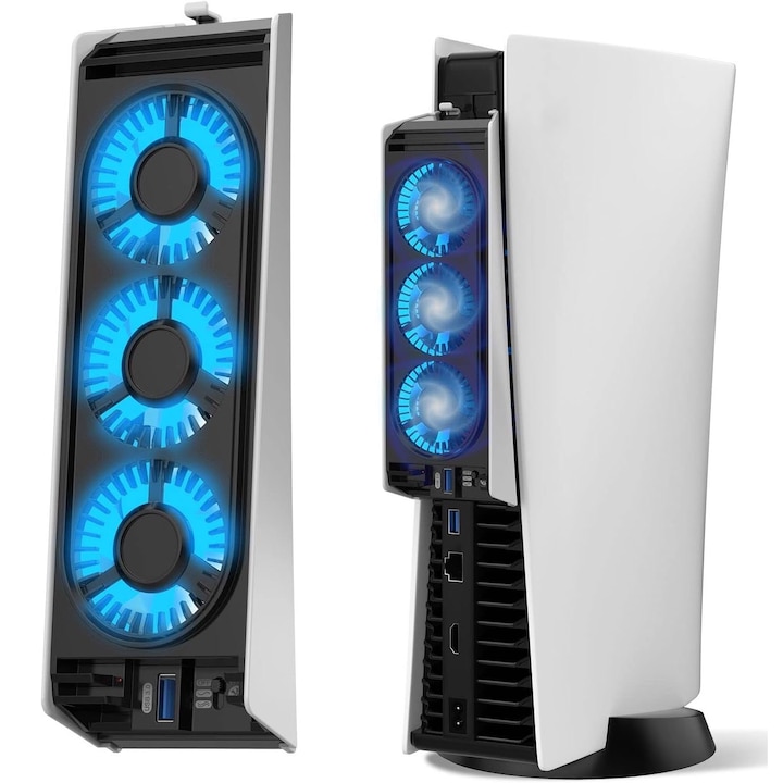 PS5 hűtőventilátor, hatékony hűtőrendszer, 3500 PRM ~ 5000 PRM, 3 ventilátor, USB porttal, LED világítás, rugalmas zárszerkezet, könnyen felszerelhető, 6,8x4,8x21 cm, OUYLAF, fekete/fehér