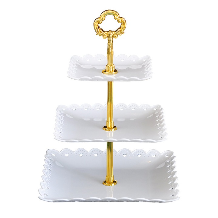 3 szintes tálalótálca, AjieQaQ, műanyag, elegáns design, fehér
