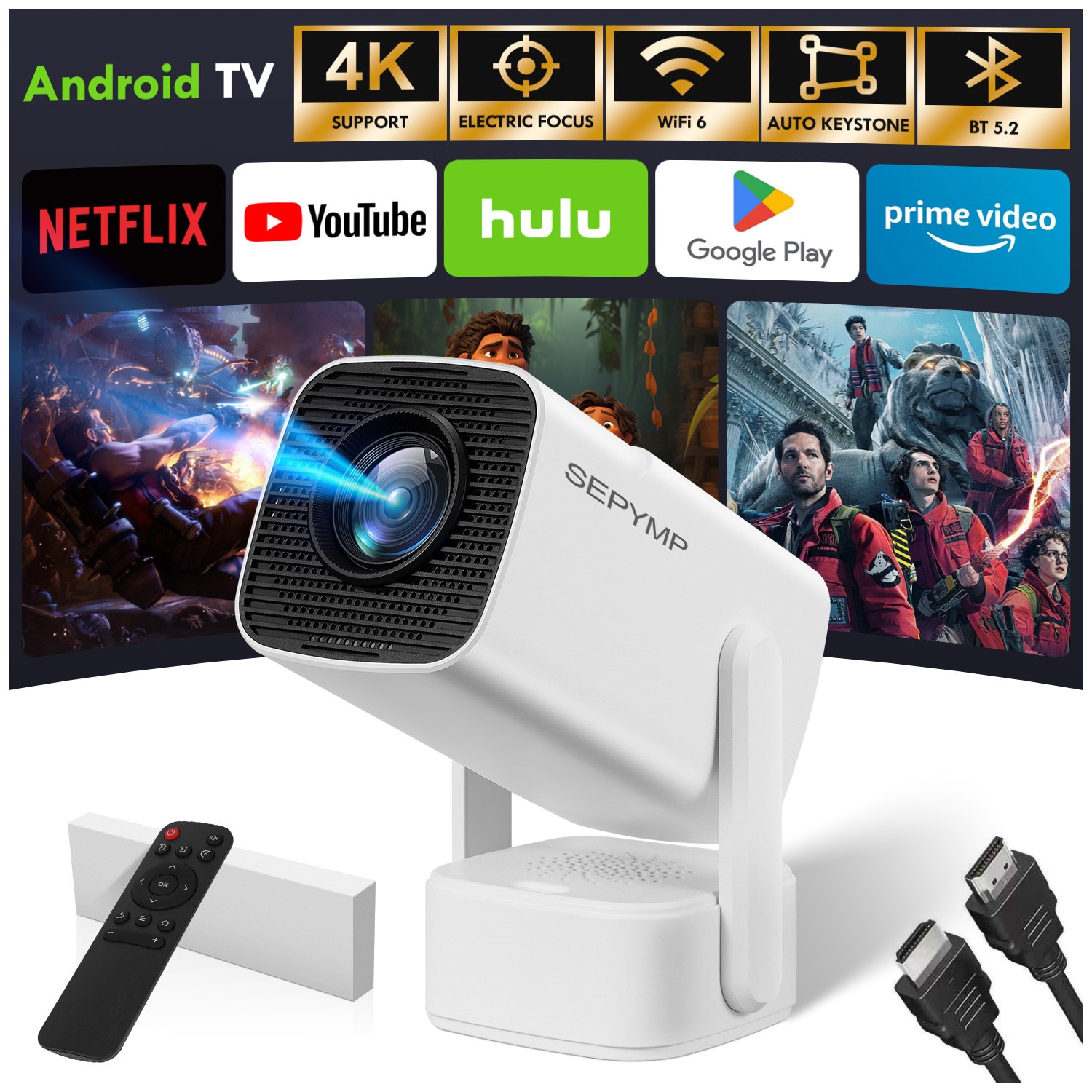 Videoproiector portabil SEPYMP ，350ANSI，Android 13，Wi-Fi 6, BT