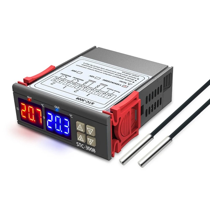 Digitális elektronikus termosztát, két 10 Amperes relével, Redkid®, 220 V, 2 külső érzékelő