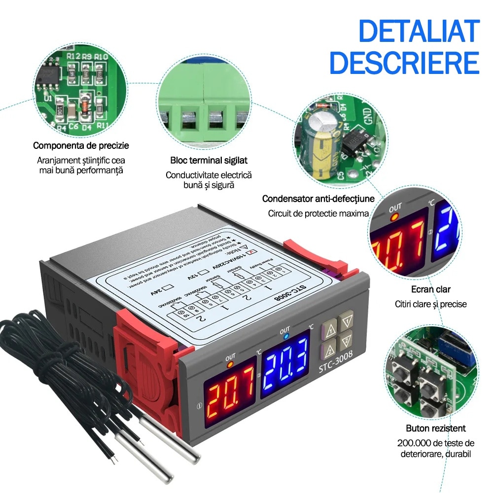 Termostat electronic digital cu doua relee 10 Amperi, Redkid®, 220 V, 2 ...