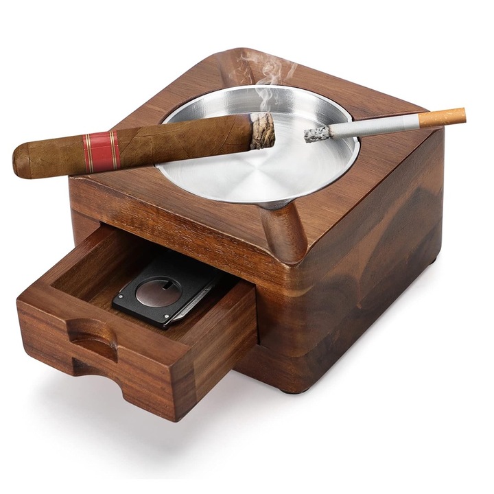Дървени пепелници, с 4 гнезда за цигари, с чекмедже за аксесоари, ретро дизайн, вътрешен/външен
