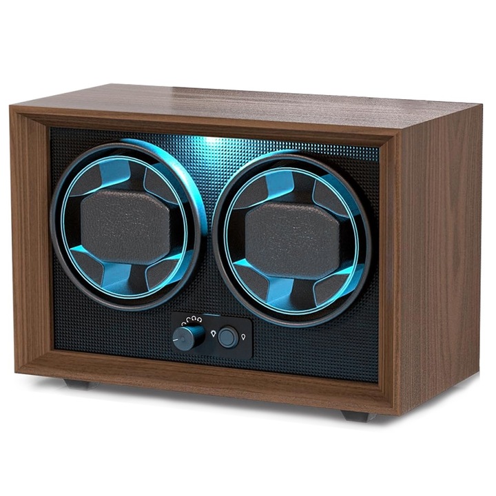 Cutie automata pentru ceasuri, Dispozitiv Watch Winder Business Class, 4 moduri de rotatie, iluminare albastra, Motor silent si perna de memorie flexibila, Cadou pentru barbati