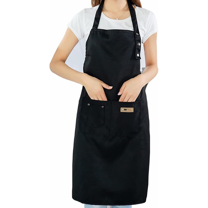 Sort de Bucatarie pentru barbati si femei, Hggzeg, Sort bucatarie reglabil de rezistent la apa si rezistent, cu 2 buzunar, Usor de curatat, Marime universala, Polyester, 70*82cm, Negru